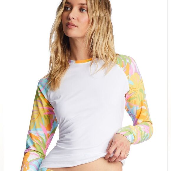 Billabong white tropical floral rashguard size s long sleeves nwot - Picture 2 of 8